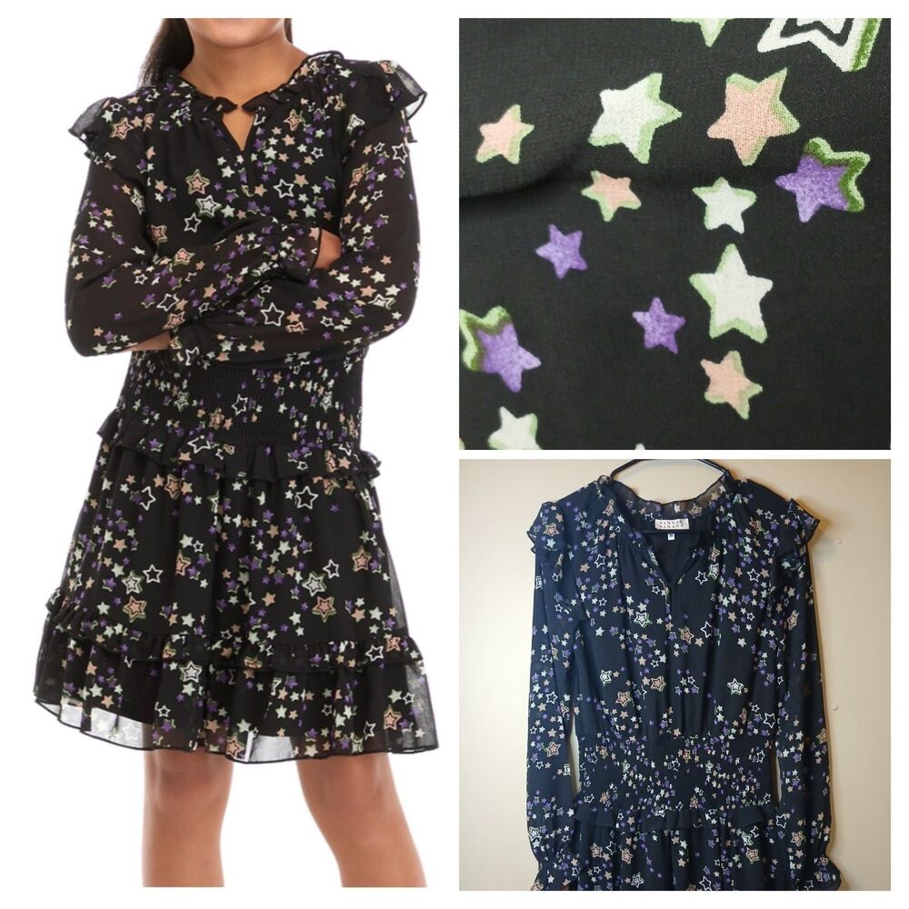 Hannah Banana Girls Dress Sz 16 Star Print Black Pink Purple Lined Smocked $65